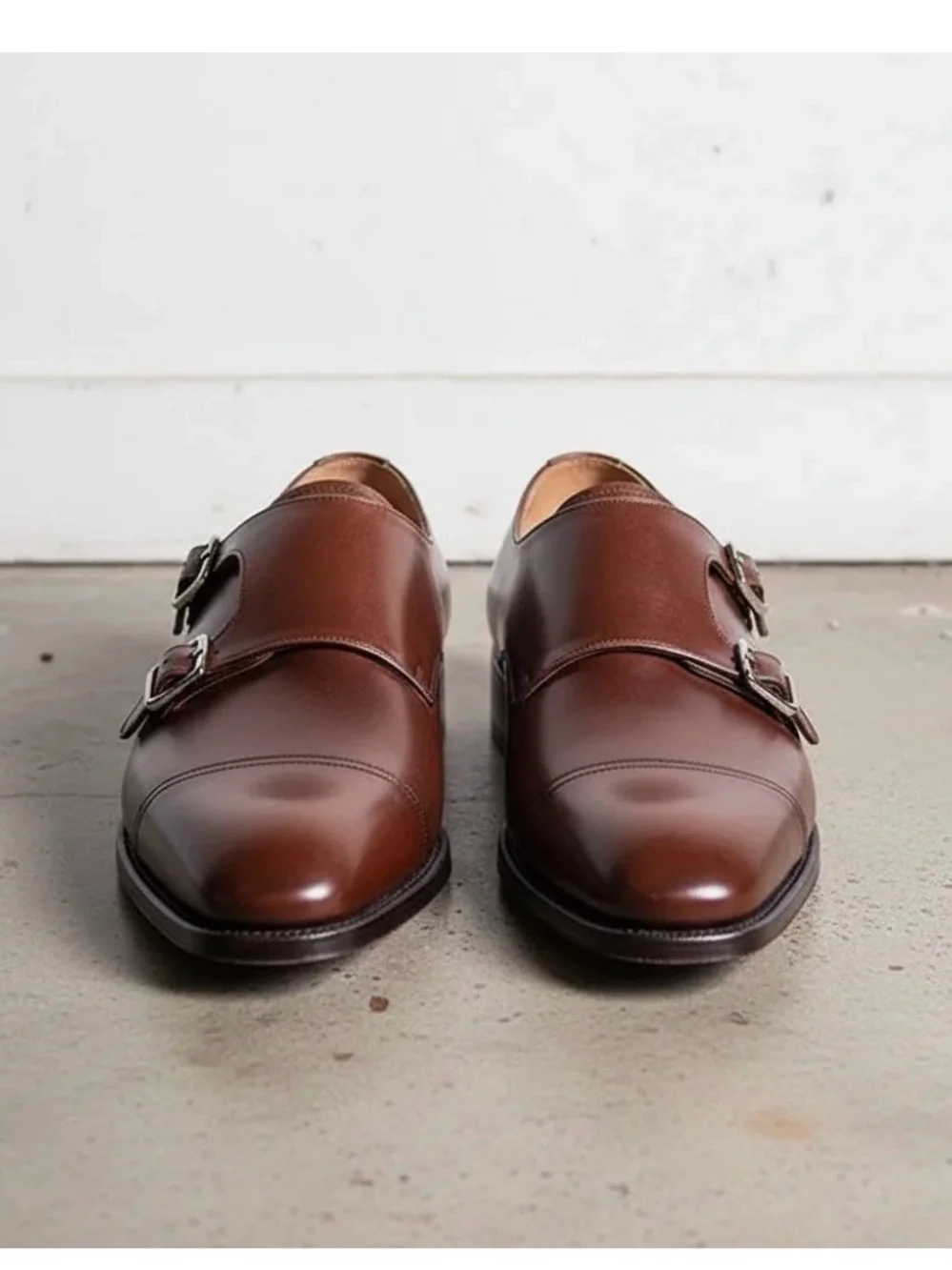 Men's Brown Cap-Toe Leather Double Monk Strap Shoes — Balcombe